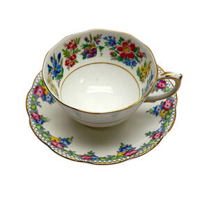 Vintage Floral Bone China Footed Tea Cup and Saucer Roslyn China & Royal Albert